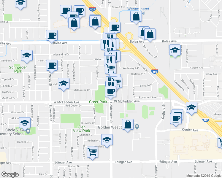 map of restaurants, bars, coffee shops, grocery stores, and more near 15388 Goldenwest St in Westminster