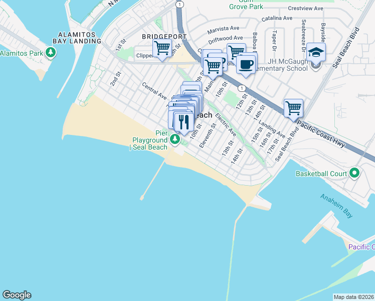 map of restaurants, bars, coffee shops, grocery stores, and more near 1003 East Seal Way in Seal Beach