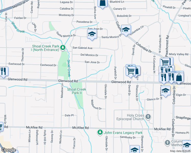 map of restaurants, bars, coffee shops, grocery stores, and more near 1841 Shoal Creek Boulevard in Decatur