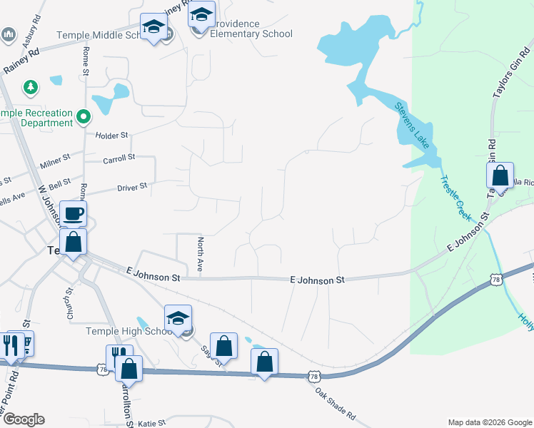 map of restaurants, bars, coffee shops, grocery stores, and more near 140 Ivey Lake Pkwy in Temple