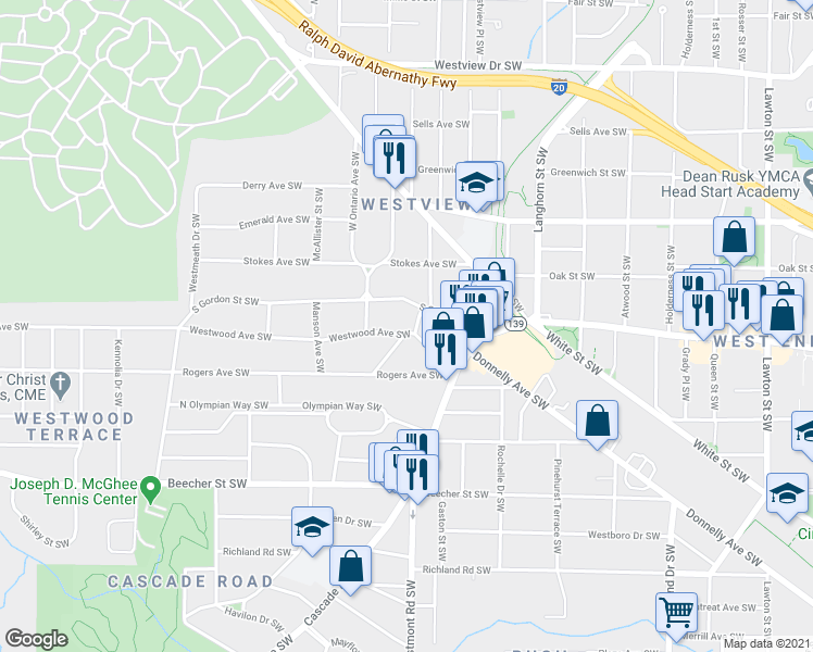 map of restaurants, bars, coffee shops, grocery stores, and more near 611 Willard Avenue Southwest in Atlanta