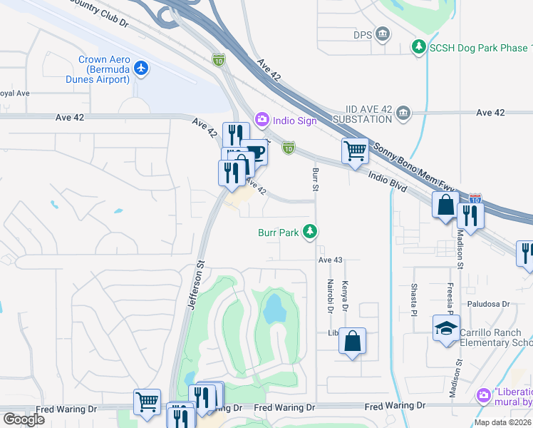 map of restaurants, bars, coffee shops, grocery stores, and more near 42500 Aruba Court in Indio