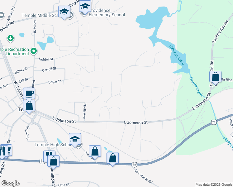 map of restaurants, bars, coffee shops, grocery stores, and more near 144 Ivey Lake Pkwy in Temple