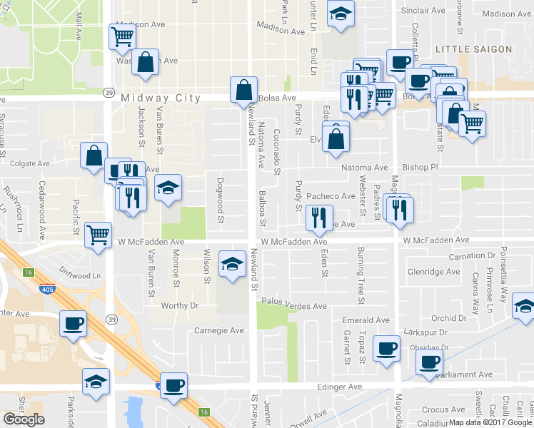 map of restaurants, bars, coffee shops, grocery stores, and more near 15402 Balboa Street in Westminster