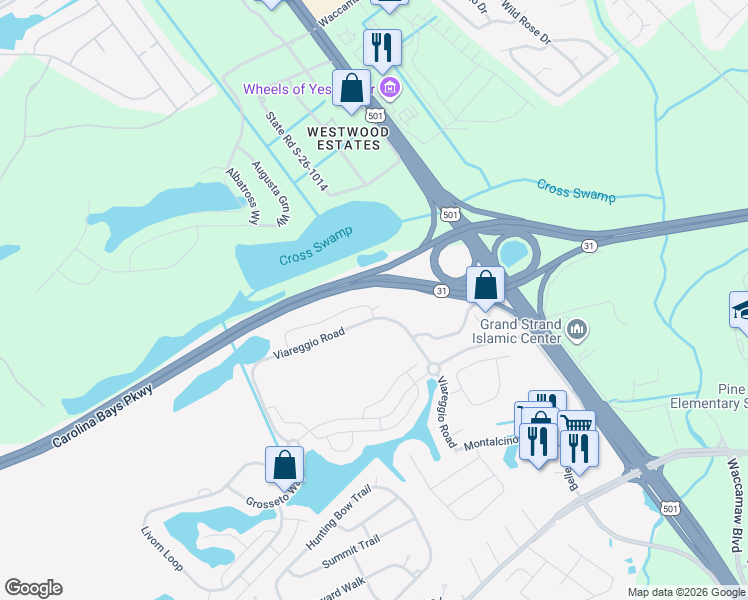 map of restaurants, bars, coffee shops, grocery stores, and more near Carolina Bays Parkway in Myrtle Beach