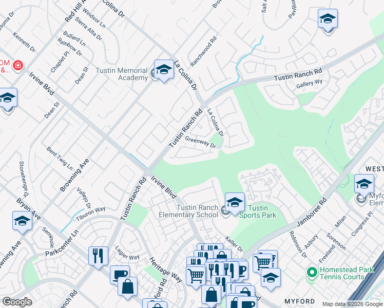 map of restaurants, bars, coffee shops, grocery stores, and more near 2371 Sunningdale Drive in Tustin