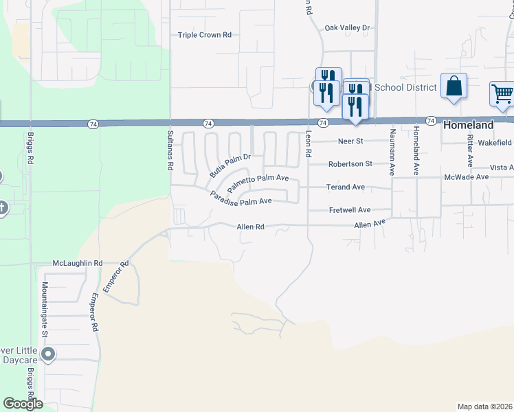 map of restaurants, bars, coffee shops, grocery stores, and more near 30801 Paradise Palm Avenue in Homeland
