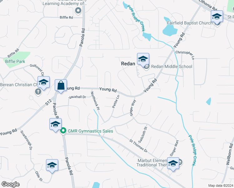 map of restaurants, bars, coffee shops, grocery stores, and more near 1775 Petite Lane in Lithonia