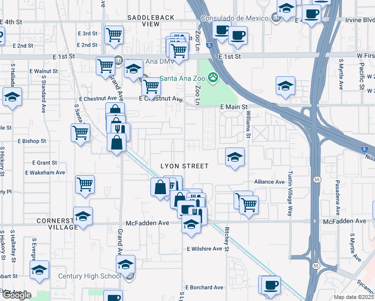 map of restaurants, bars, coffee shops, grocery stores, and more near 707 South Lyon Street in Santa Ana