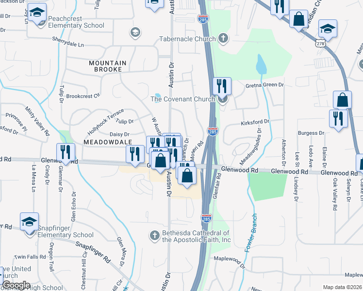 map of restaurants, bars, coffee shops, grocery stores, and more near 1789 Danrich Drive in Decatur