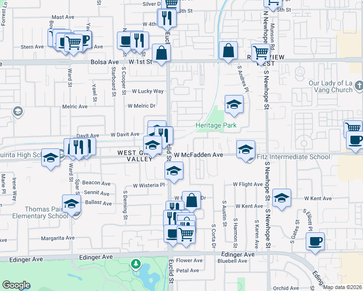 map of restaurants, bars, coffee shops, grocery stores, and more near 615 South Euclid Street in Santa Ana