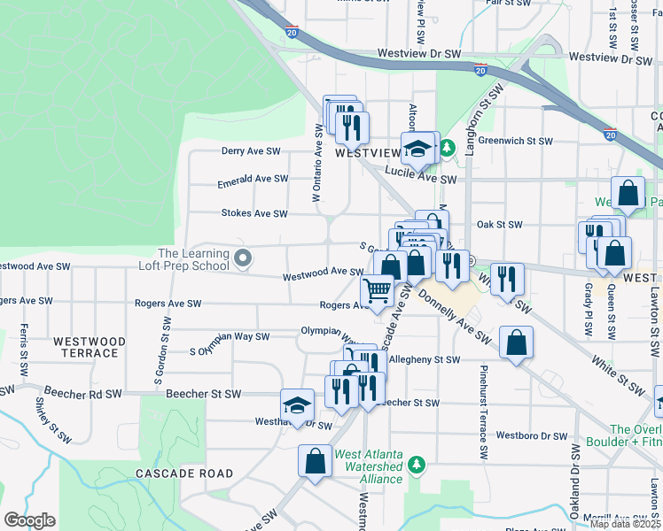 map of restaurants, bars, coffee shops, grocery stores, and more near 1563 Westwood Avenue Southwest in Atlanta
