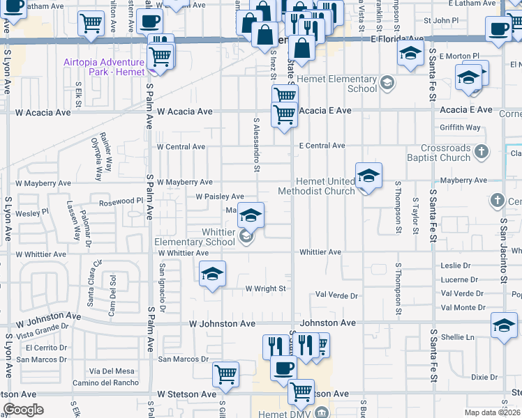 map of restaurants, bars, coffee shops, grocery stores, and more near 280 Mary Lane in Hemet