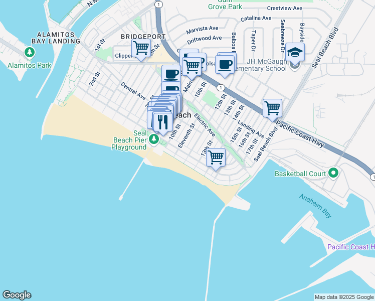 map of restaurants, bars, coffee shops, grocery stores, and more near 1115 Ocean Avenue in Seal Beach