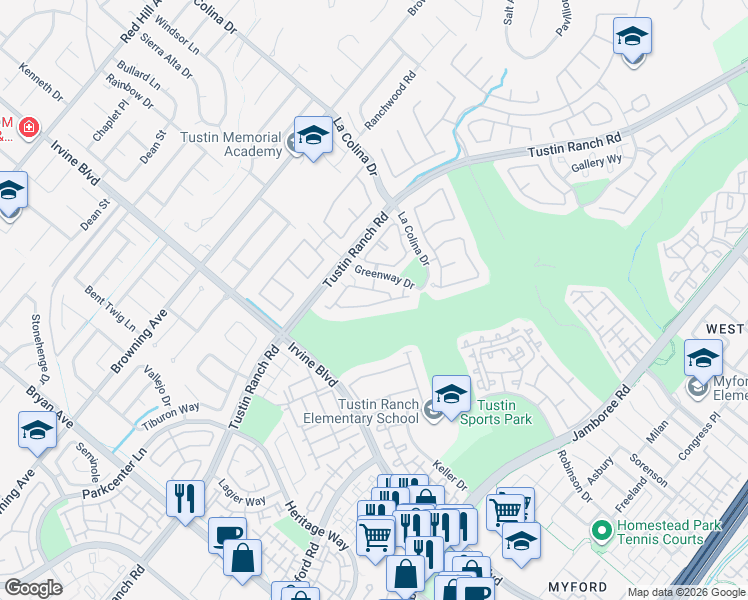 map of restaurants, bars, coffee shops, grocery stores, and more near 2371 Sunningdale Drive in Tustin