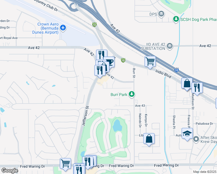 map of restaurants, bars, coffee shops, grocery stores, and more near 42502 Isla Court in Indio
