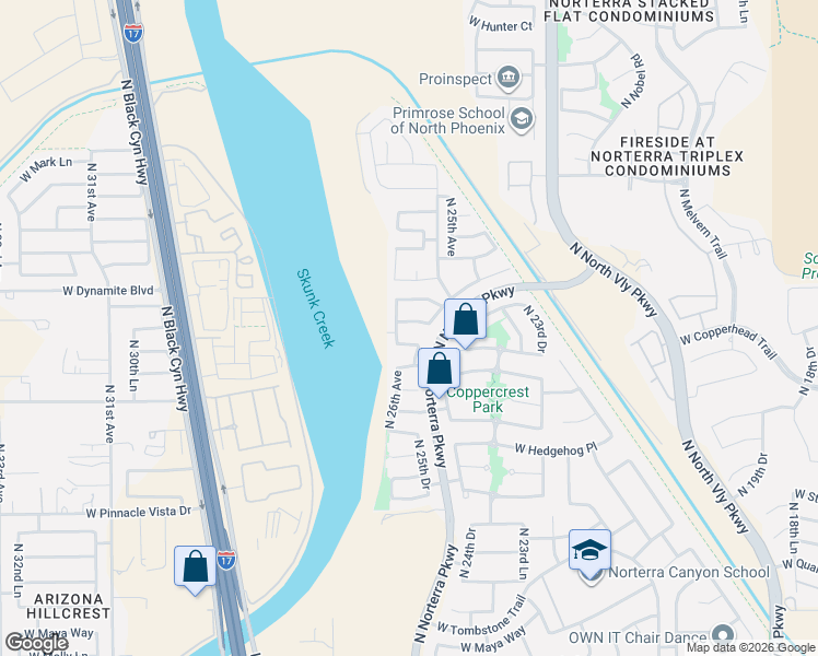 map of restaurants, bars, coffee shops, grocery stores, and more near 28059 North 25th Lane in Phoenix