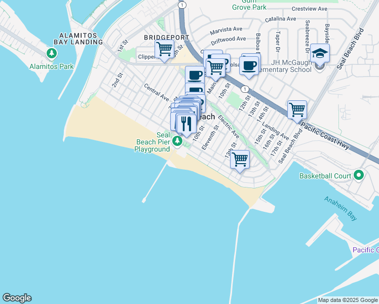map of restaurants, bars, coffee shops, grocery stores, and more near 1001 East Seal Way in Seal Beach