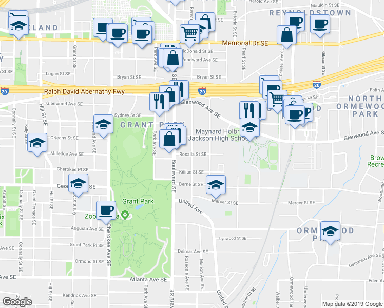 map of restaurants, bars, coffee shops, grocery stores, and more near Waldo St SE & Rosalia St SE in Atlanta