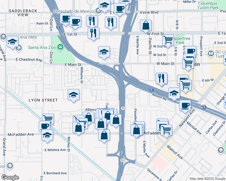 map of restaurants, bars, coffee shops, grocery stores, and more near 15500 Tustin Village Way in Tustin
