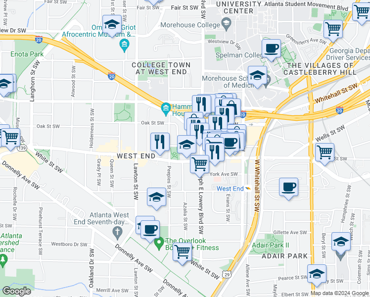 map of restaurants, bars, coffee shops, grocery stores, and more near 958 Howell Place Southwest in Atlanta