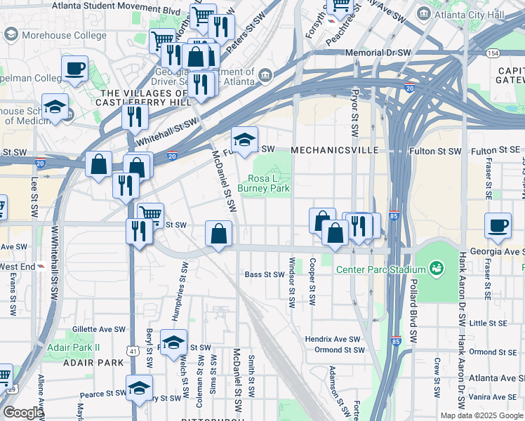 map of restaurants, bars, coffee shops, grocery stores, and more near 585 Ira Street Southwest in Atlanta