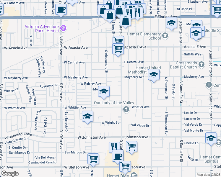 map of restaurants, bars, coffee shops, grocery stores, and more near 240 Mary Lane in Hemet