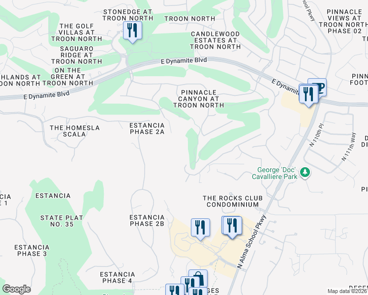 map of restaurants, bars, coffee shops, grocery stores, and more near 10495 East White Feather Lane in Scottsdale