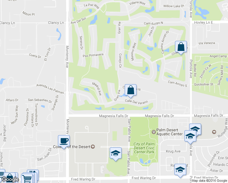 map of restaurants, bars, coffee shops, grocery stores, and more near 202 Seville Circle in Palm Desert