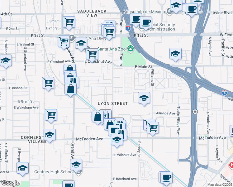 map of restaurants, bars, coffee shops, grocery stores, and more near 717 South Lyon Street in Santa Ana