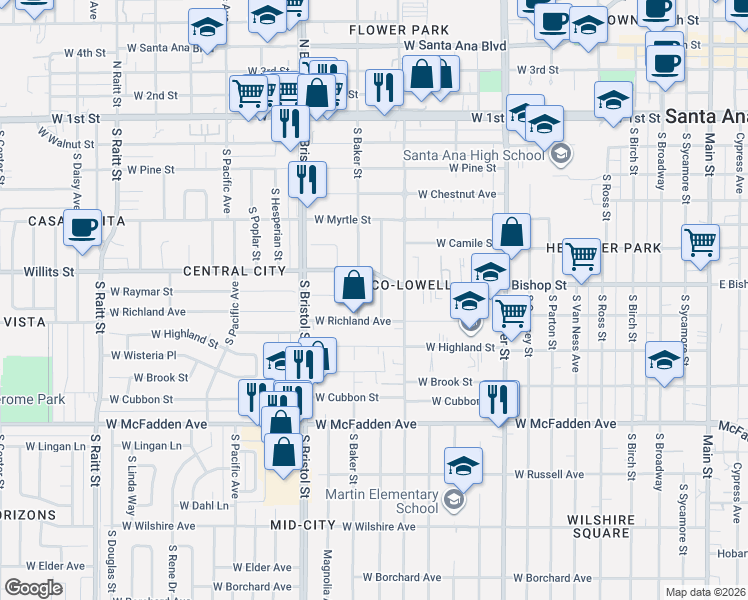 map of restaurants, bars, coffee shops, grocery stores, and more near 606 South Rosewood Avenue in Santa Ana