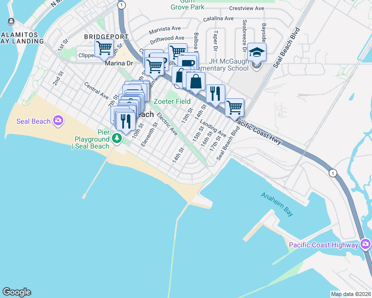 map of restaurants, bars, coffee shops, grocery stores, and more near 150 13th Street in Seal Beach