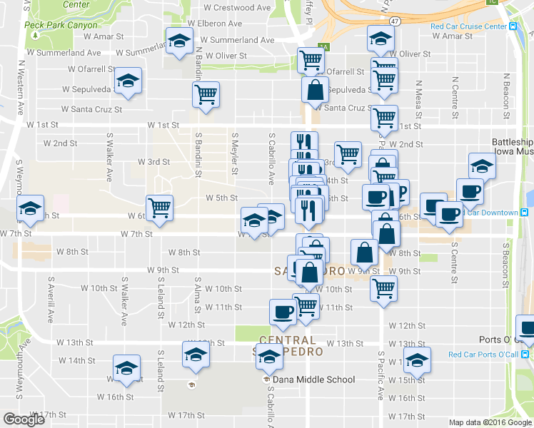 map of restaurants, bars, coffee shops, grocery stores, and more near 506 South Cabrillo Avenue in Los Angeles