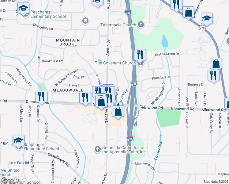 map of restaurants, bars, coffee shops, grocery stores, and more near 1789 Danrich Drive in Decatur