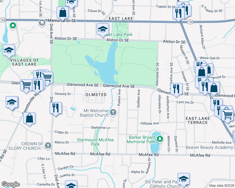 map of restaurants, bars, coffee shops, grocery stores, and more near 2661 Glenwood Avenue Southeast in Atlanta