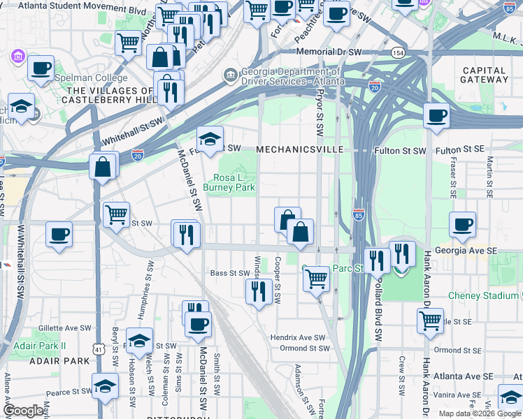 map of restaurants, bars, coffee shops, grocery stores, and more near 590 Windsor Street Southwest in Atlanta