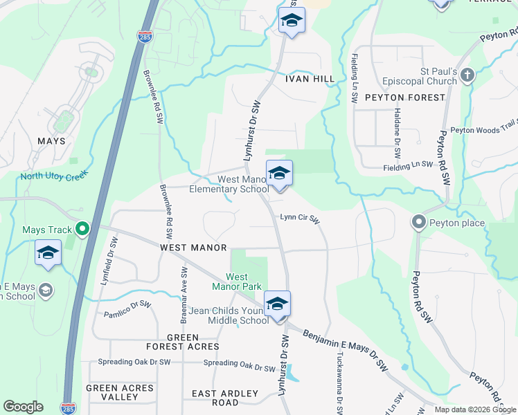 map of restaurants, bars, coffee shops, grocery stores, and more near 601 Lynhurst Drive Southwest in Atlanta