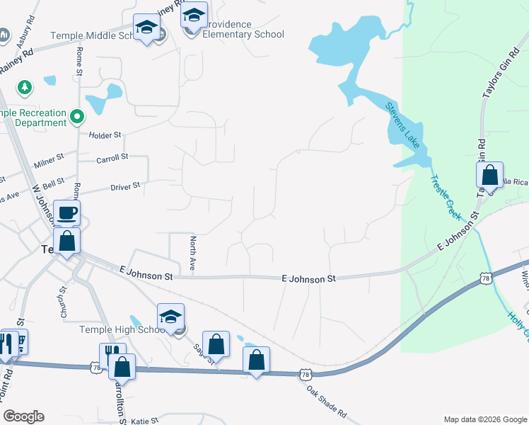 map of restaurants, bars, coffee shops, grocery stores, and more near 144 Ivey Lake Parkway in Temple