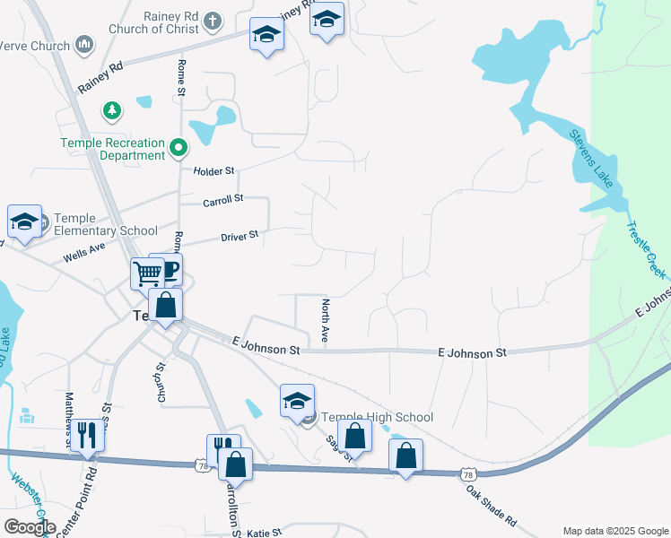 map of restaurants, bars, coffee shops, grocery stores, and more near 126 Creek Crossing Lane in Temple