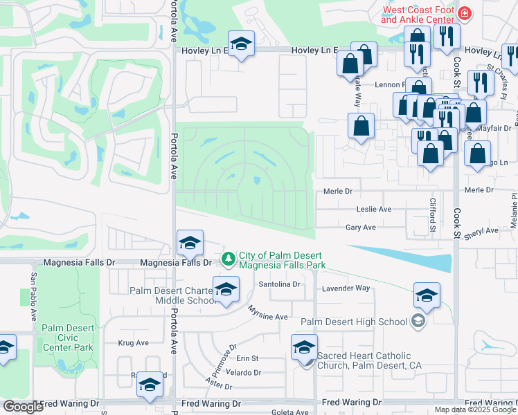 map of restaurants, bars, coffee shops, grocery stores, and more near 42585 Granite Place in Palm Desert