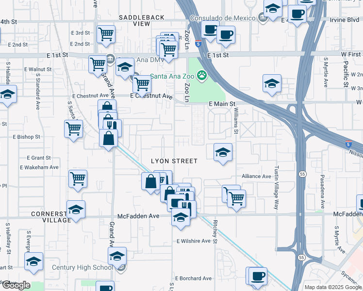 map of restaurants, bars, coffee shops, grocery stores, and more near 687 South Lyon Street in Santa Ana