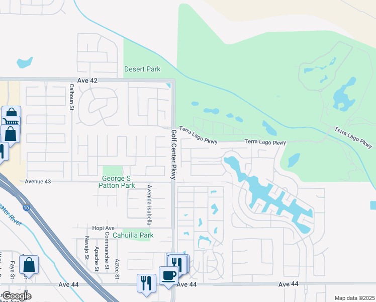 map of restaurants, bars, coffee shops, grocery stores, and more near 84105 Colibri Court in Indio