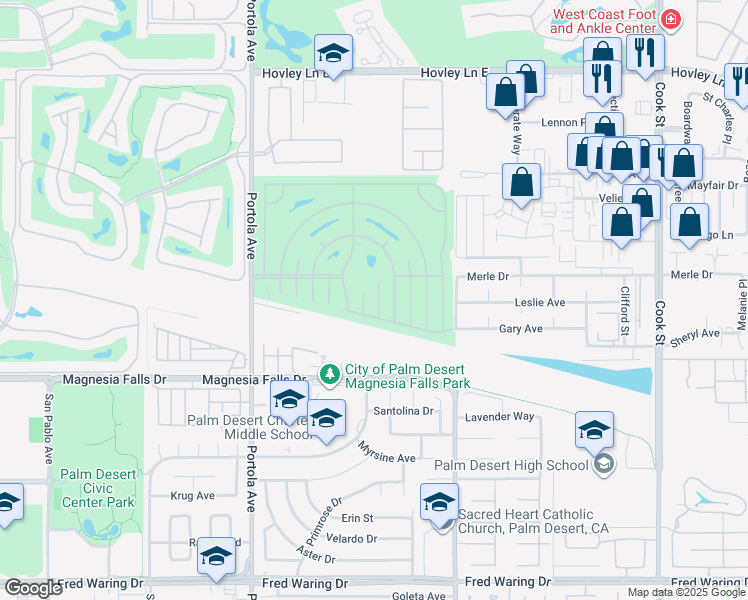 map of restaurants, bars, coffee shops, grocery stores, and more near 42585 Granite Place in Palm Desert