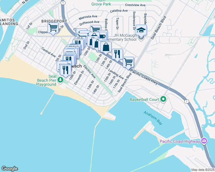 map of restaurants, bars, coffee shops, grocery stores, and more near 202 15th Street in Seal Beach
