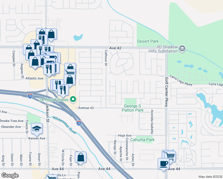 map of restaurants, bars, coffee shops, grocery stores, and more near 42627 Saragoza Court in Indio