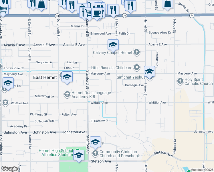 map of restaurants, bars, coffee shops, grocery stores, and more near 26360 Naomi Drive in Hemet
