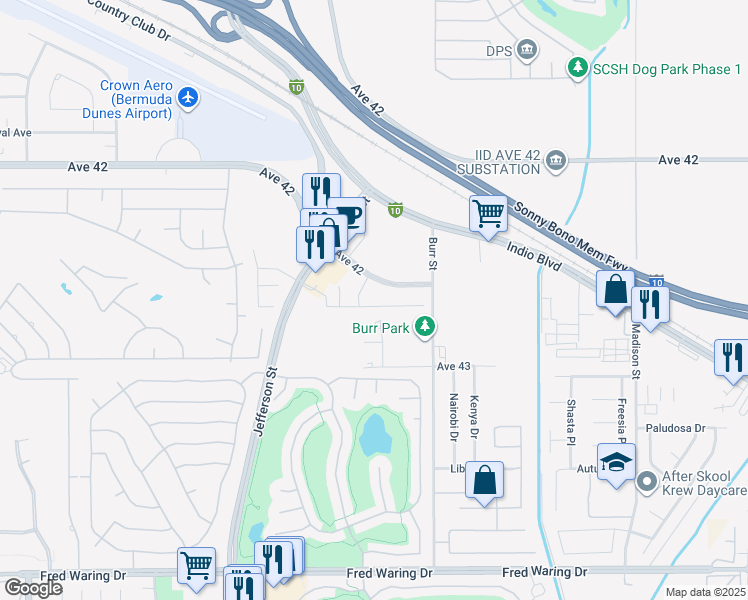 map of restaurants, bars, coffee shops, grocery stores, and more near 80548 Anacapa Drive in Indio