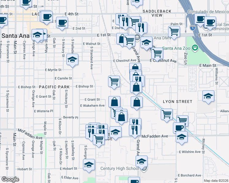 map of restaurants, bars, coffee shops, grocery stores, and more near 700 South Hathaway Street in Santa Ana