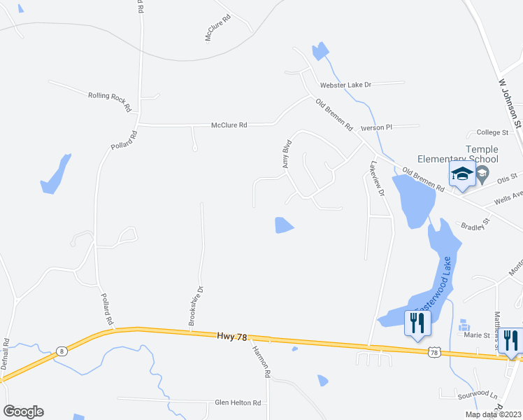 map of restaurants, bars, coffee shops, grocery stores, and more near 676 Angela Drive in Temple