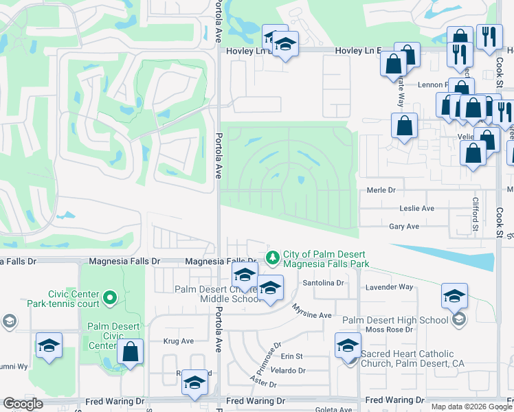 map of restaurants, bars, coffee shops, grocery stores, and more near 73995 Nevada Circle West in Palm Desert